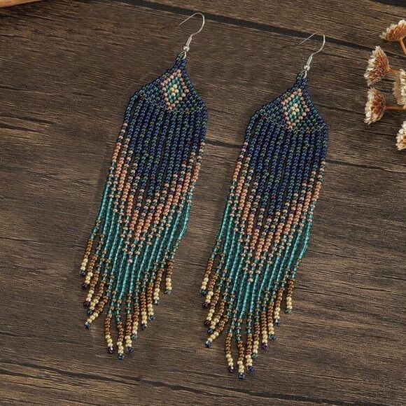 Jewelry - Bohemian Elegant Beaded Fringe Earrings Blue, Bronze, Teal, Gold , Feminine NWT